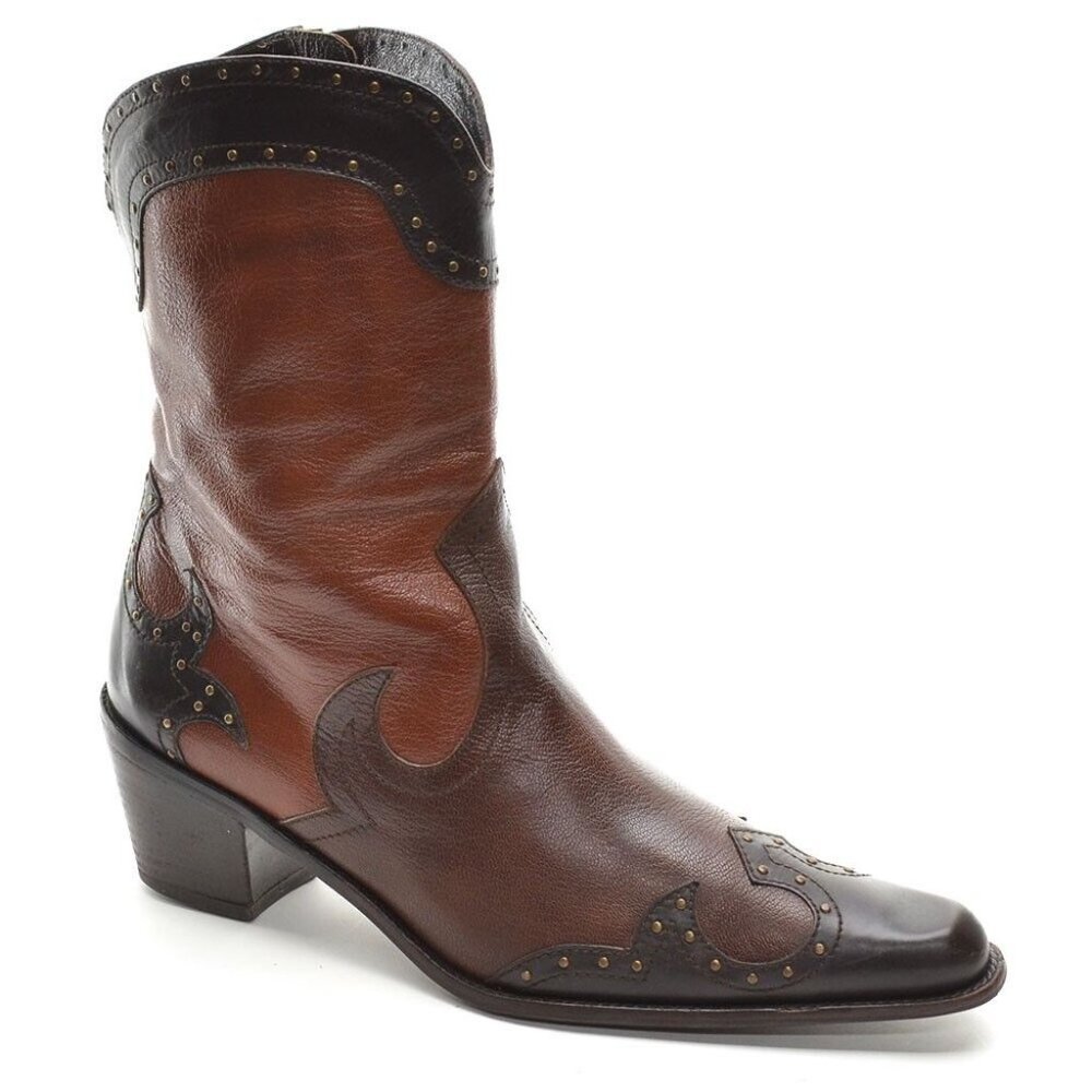Stuart Weitzman Brown and Dark Brown Leather Western Ankle Boots